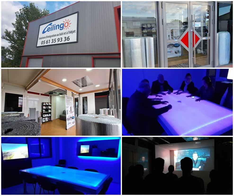 Magasin de vente et Showroom Ceilingo à Toulouse présentant des solutions d'isolation mince, de plafonds rayonnants, chauffants et rafraichissants, de murs chauffants, de miroirs chauffants et de sonorisation 360 