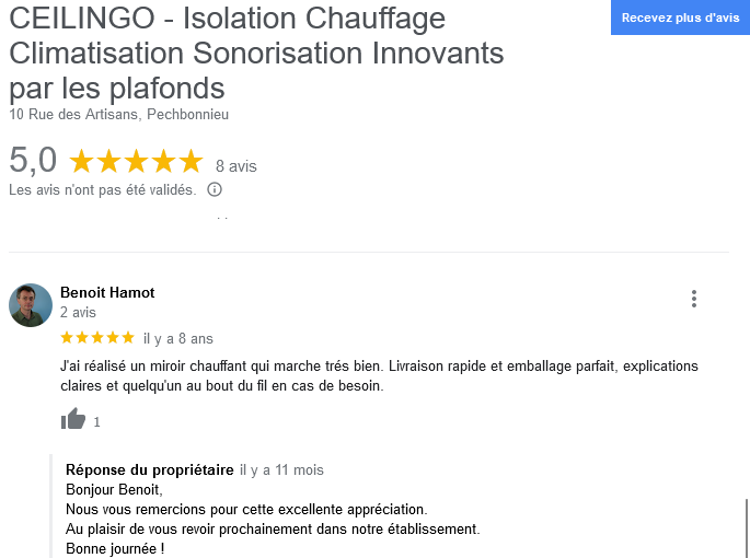 Avis client miroir chauffant ceilingo