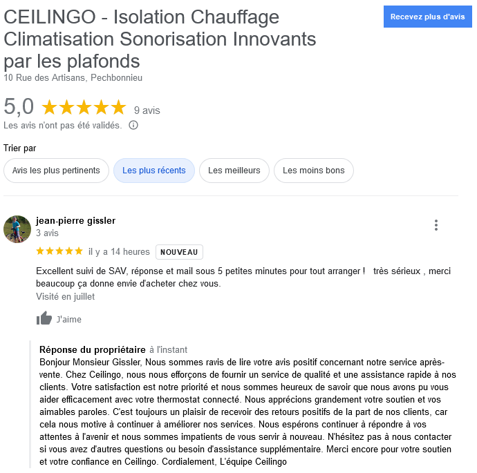 Avis client Ceilingo sav thermostat