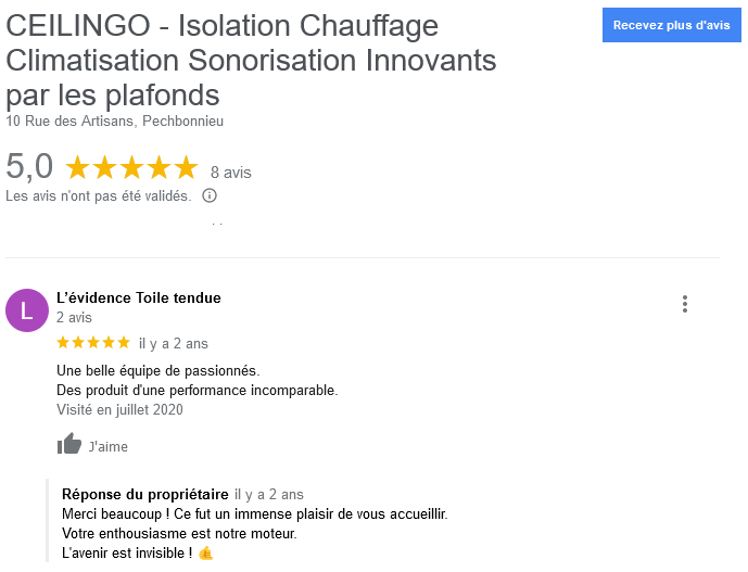 Avis client sur les performances des produits ceilingo