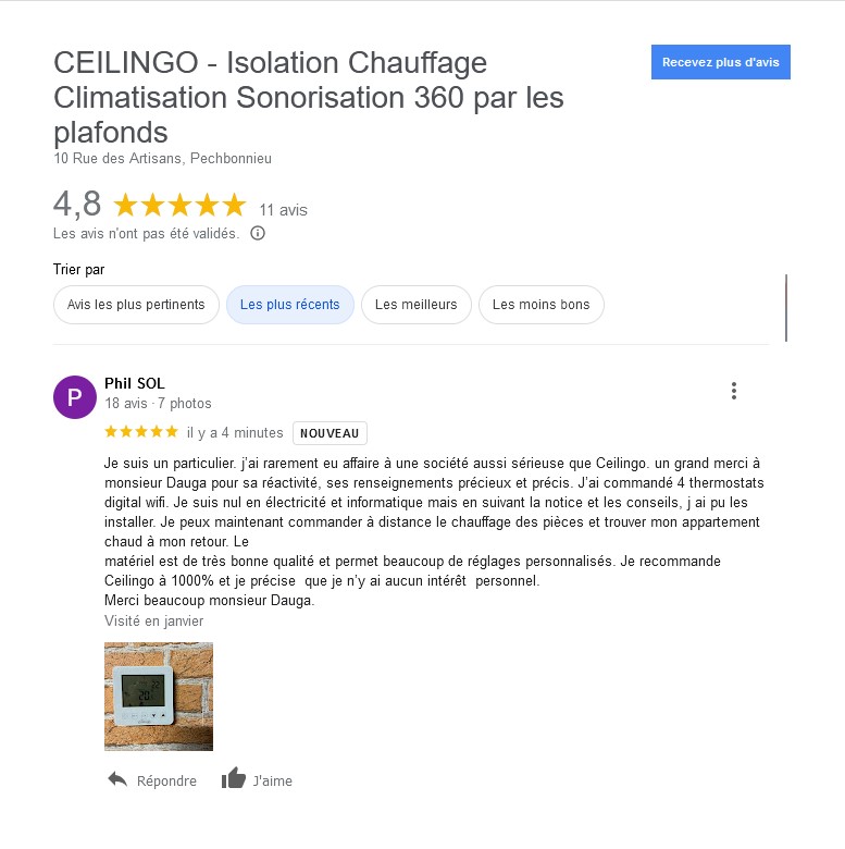 Avis thermostat connecté wifi ceilingo pour plafond et plancher chauffant