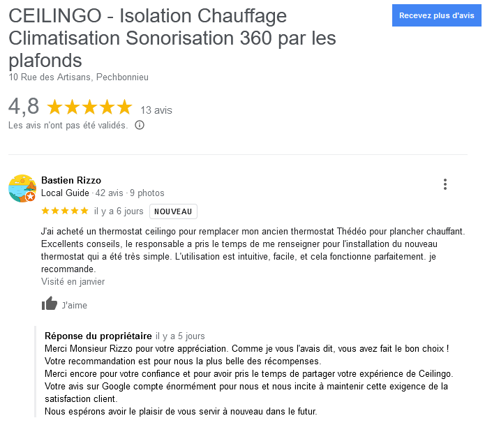 Avis thermostat ceilingo pour plafond et plancher chauffant